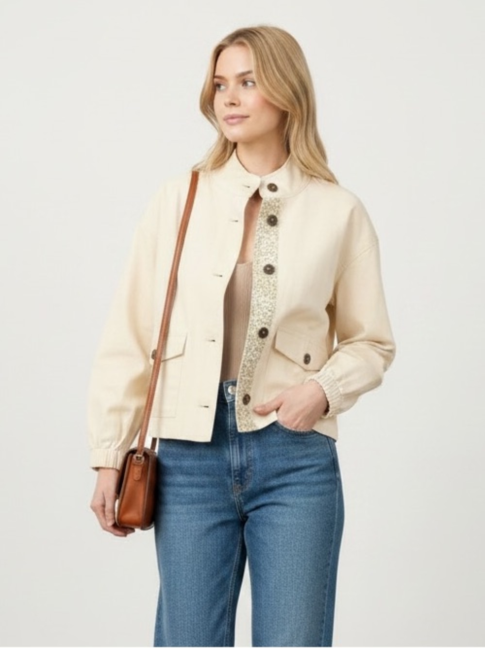 1591 • Ivory Cotton Cropped Chore Jacket w/Brown Floral Calico & Flap Pockets